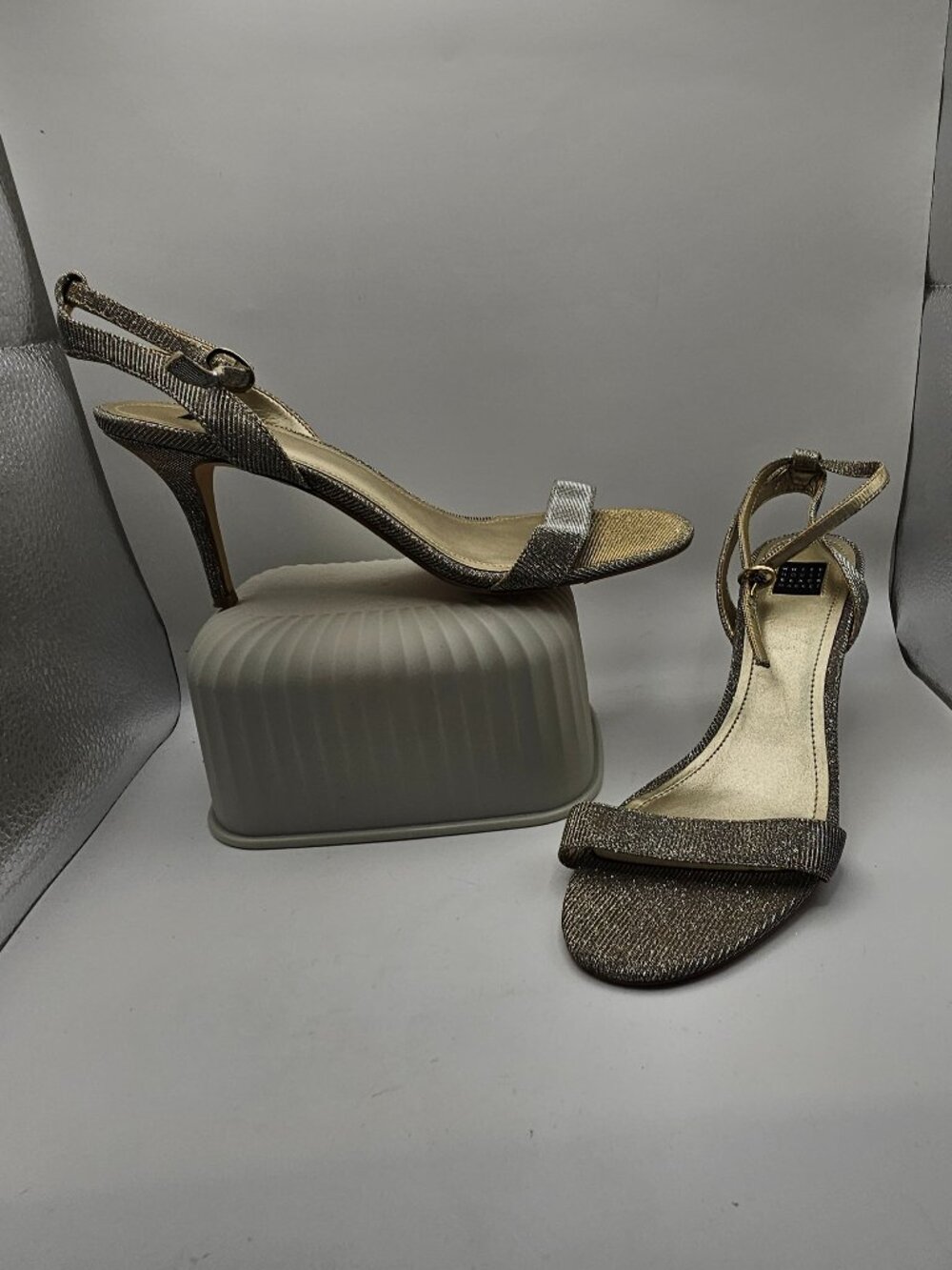 WHBM Metallic Mesh Stiletto Sandals – Ankle Strap, Open Toe, Size 8M